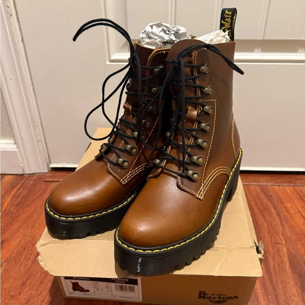 Brand New Dr. Martens Leona Orleans Butterscotch Leather Heeled Boots - Picture 1 of 9